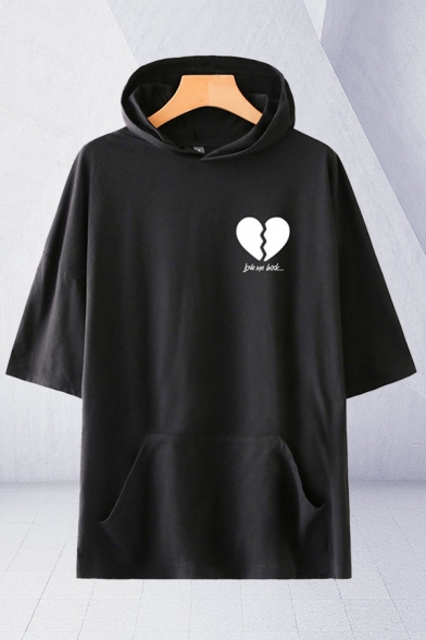 Fancy Mens Heartbreak Letter Printed Pocket Half Sleeve Round Neck Relaxed Fit Hooded Graphic T-Shirt
