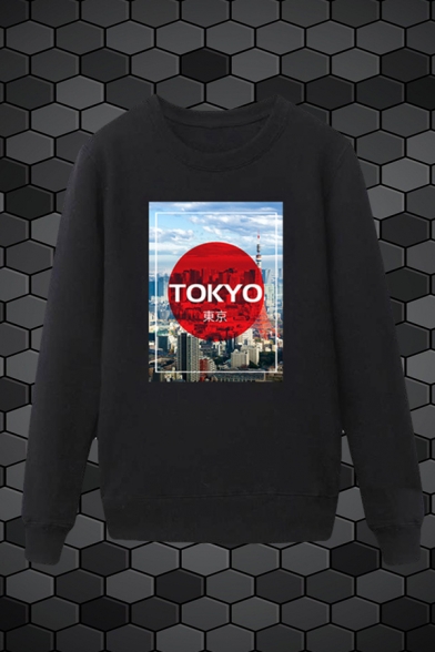 Fancy Mens Landscape Pattern Letter Tokyo Pullover Long Sleeve Round Neck Regular Fit Graphic Sweatshirt