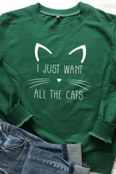 

Fashionable Womens Letter I Just Want All The Cats Cartoon Cat Graphic Long Sleeve Crew Neck Relaxed Pullover Sweatshirt in Green, LC637444