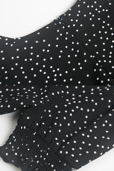 Gorgeous Ladies Polka Dot Print Puff Sleeve Sweetheart Neck Mini A-line Dress in Black