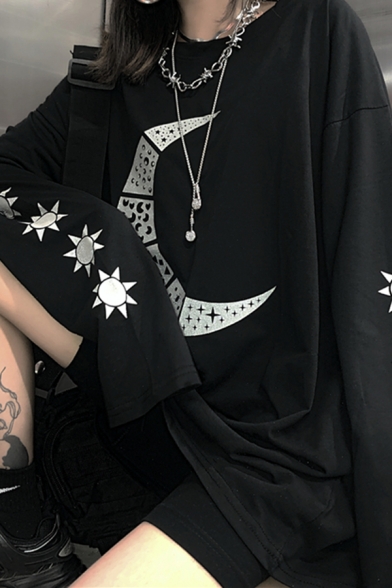 Hip Hop Girls Star Moon Print Long Sleeve Crew Neck Loose Fit T-shirt in Black