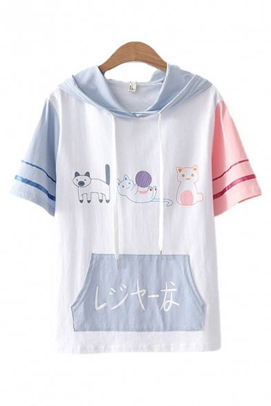 Lovely Girls Japanese Letter Cartoon Cat Graphic Striped Short Sleeve Drawstring Hooded Relaxed T Shirt