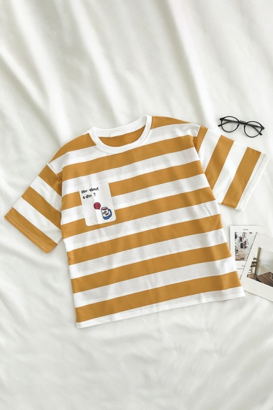 Lovely Girls Letter How About A Drink Cup Printed Striped Round Neck Short Sleeve Relaxed Fit Graphic Tee Shirt