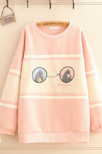 Lovely Girls Sherpa Liner Cartoon Embroidered Contrasted Long Sleeve Round Neck Long Relaxed Pullover Sweatshirt
