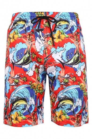 Mens 3D Relax Shorts Holiday Coconut Tree Wave Fish Pattern Regular Fitted Drawstring Waist Relax Shorts