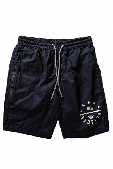 Mens Casual Shorts Stars Letter Badfive Print Zipper Drawstring Waist Pocket Regular Fit Knee Length Sweat Shorts