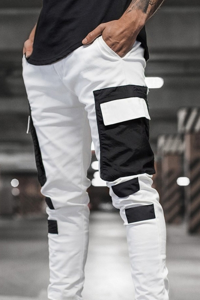 Mens Cool Pants Color Block Striped Print Cuffed Full Length Tapered Fit Cargo Pants with Flap Pockets