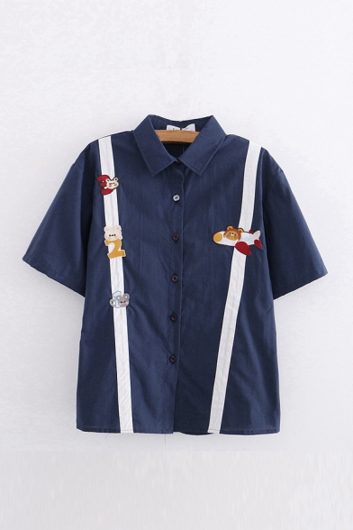 New Stylish Womens Color Block Animals Number Airship Embroidery Printed Button Down Collar Short Sleeve Regular Fit Shirt