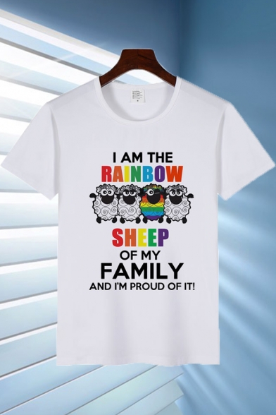 Popular Letter I Am The Rainbow Sheep of My Family Cartoon Sheep Graphic Short Sleeve Crew Neck Relaxed T Shirt in White