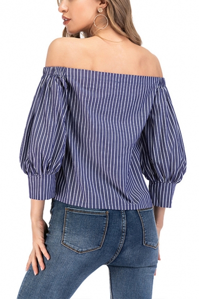 Popular Stripe Printed Blouson Sleeve Off the Shoulder Loose Fit T Shirt in Dark Blue