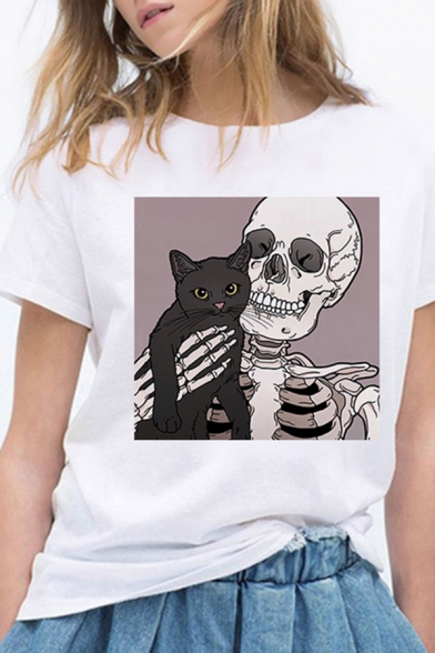 Popular Womens Cartoon Skull Cat Print Short Sleeve Round Neck Loose Fit T Shirt in White