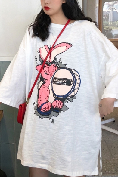Popular Womens Rabbit Pattern Half Sleeve Crew Neck Slit Sides Oversize T Shirt