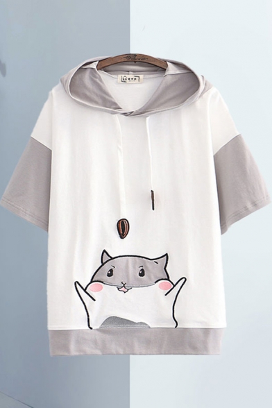 Preppy Girls Hamster Printed Contrasted Short Sleeve Drawstring Hooded Loose Fit T Shirt