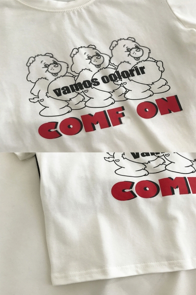 Preppy Girls Letter Vamos Oolorir Comf On Cartoon Bear Printed Crew Neck Short Sleeve Regular Fit Crop Tee Top