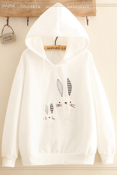Preppy Girls Sherpa Liner Cartoon Rabbit Embroidery Long Sleeve Drawstring Relaxed Hoodie
