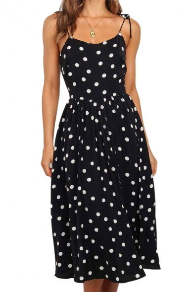 Pretty Girls Polka Dot Printed Bow Tied Shoulder Mid Pleated A-line Cami Dress