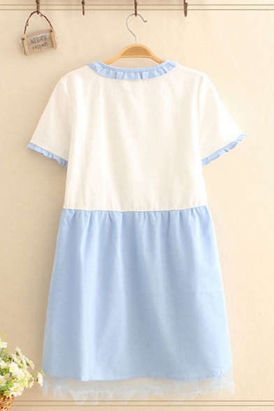 Pretty Girls Stringy Selvedge Colorblock Mesh Patched Short Sleeve Crew Neck Button up Bow Tie Waist Short Swing Dress in White
