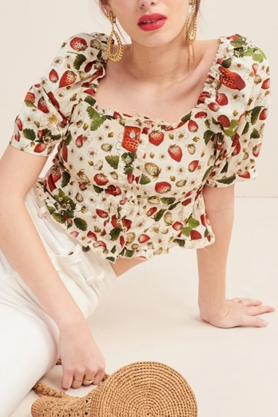 

Pretty Womens Allover Strawberry Print Short Sleeve Square Neck Button up Ruffled Slim Fit Cropped T shirt in White, LM645665
