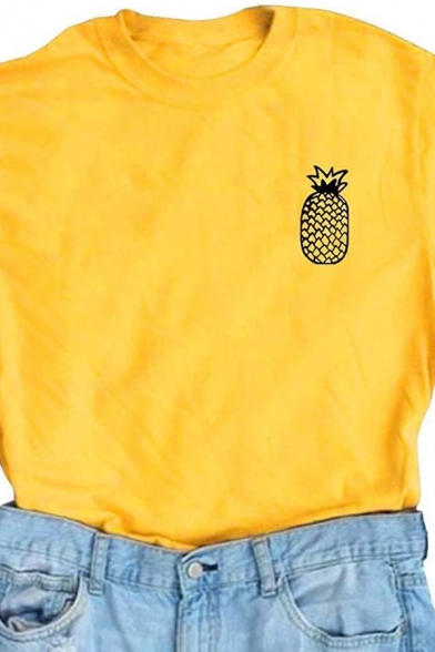 Pretty Womens Pineapple Patterned Short Sleeve Crew Neck Regular Fit Tee Top in Yellow