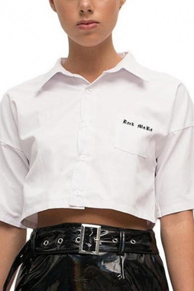 Simple White Letter Embroidered Chest Pocket Rolled Short Sleeve Spread Collar Button up Fit Cropped Shirt