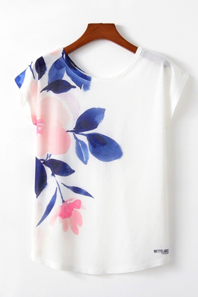 Simple Womens Flower Printed Short Sleeve Round Neck Relaxed Fitted T ...