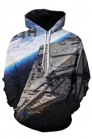 Stylish Mens 3D Galaxy Space Satellite Pattern Pocket Drawstring Long Sleeve Regular Fit Hooded Sweatshirt