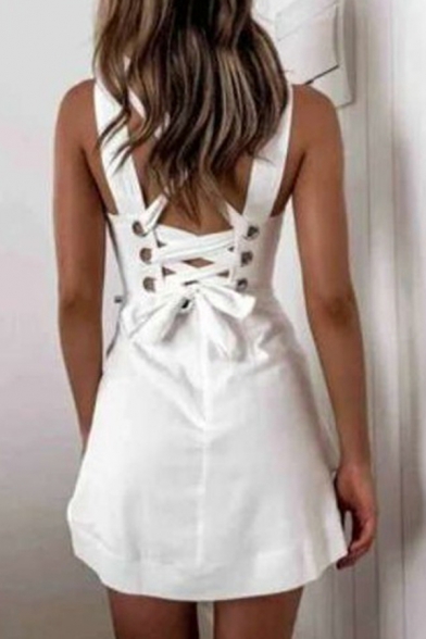 Stylish Womens Solid Color Patchwork Lace up Hollow out Back Short A-line Tank Dress