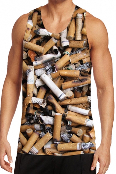 Trendy Mens Tank Top 3D Cigarette Printed Round Neck Regular Fit Sleeveless Tank Top