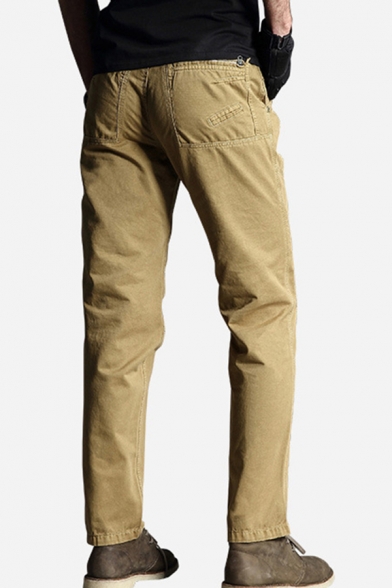 Trendy Pants Solid Color Zip-fly Button Detail Pockets Stitch Full Length Straight Fit Chino Pants for Men
