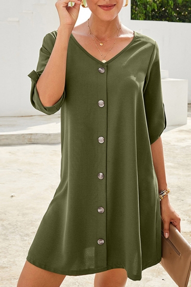 Trendy Womens Solid Color Rolled Half Sleeve V-neck Button down Mini A-line Work Dress