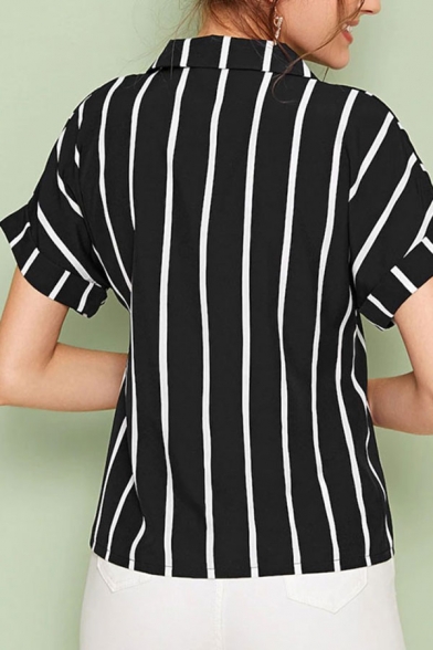 Trendy Womens Stripe Printed Rolled Short Sleeve Turn down Collar Button up Relaxed Shirt