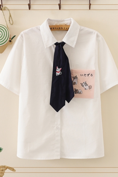 Trendy Womens Tie Front Cartoon Cats Pattern Button-up Short Sleeve Turn-down Collar Regular Fit Shirt with Pocket