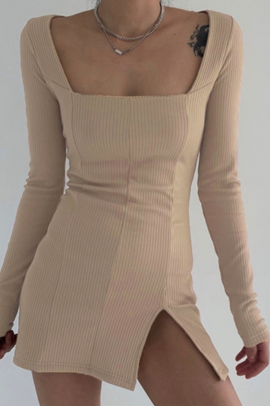 Womens Fashion Plain Long Sleeve Square Neck Knit Slit Front Mini A-line Dress