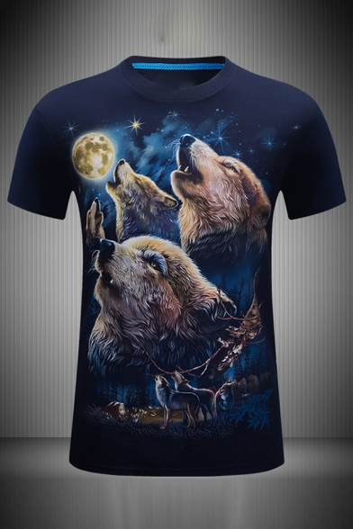 3D Basic Mens Galaxy Wolf Printed Round Neck Short Sleeve Slim Fitted Tee Top