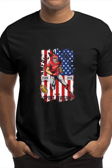 Black Novelty Mens American Flag Figure Pattern Short Sleeve Round Neck Regular Fit Graphic T-Shirt