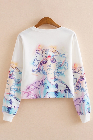 Cartoon Dog Character Printed Long Sleeve Crew Neck Relaxed Cropped Popular Pullover Sweatshirt in White