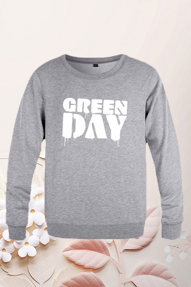Casual Mens Letter Green Day Printed Long Sleeve Crew Neck Relaxed Fit Pullover Sweatpants