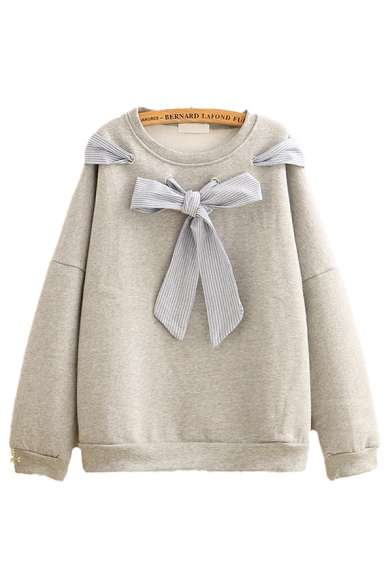 Casual Womens Striped Bow Tie Long Sleeve Round Neck Sherpa Lined Loose Pullover Sweatshirt