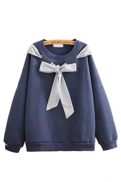 Casual Womens Striped Bow Tie Long Sleeve Round Neck Sherpa Lined Loose Pullover Sweatshirt
