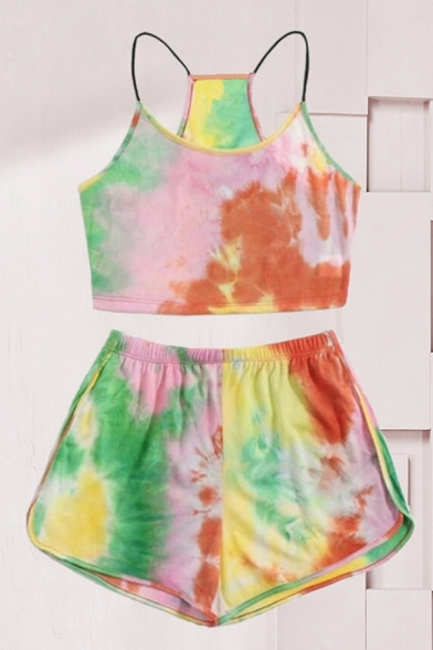 Chic Tie Dye Printed Spaghetti Straps Fitted Crop Cami Top & Elastic Waist Relaxed Shorts Set for Women