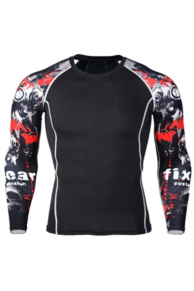 Cool Abstract Printed Round Neck Long Sleeve Slim Fitted Graphic Tee Top for Men