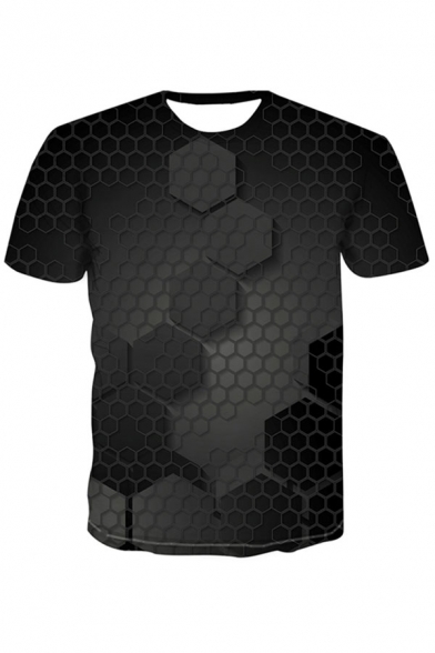 Cool Mens 3D Geometric Pattern Short Sleeve Round Neck Fitted T-Shirt