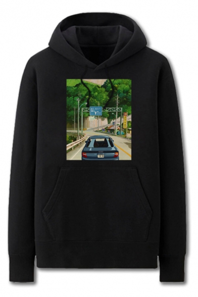 Cool Mens Car Road Pattern Pocket Drawstring Long Sleeve Regular Fit Hooded Sweatshirt
