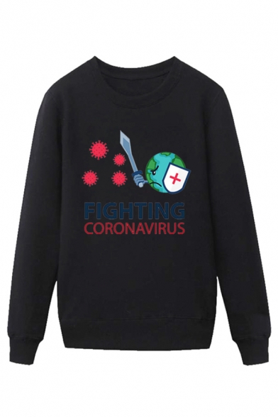 Cool Mens Earth Sword Virus Letter Fighting Corona Virus Printed Pullover Long Sleeve Round Neck Regular Fitted Graphic Sweatshirt