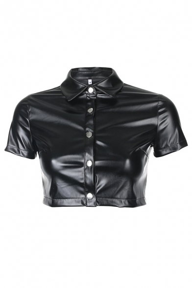 Cool Womens Leather Short Sleeve Spread Collar Press Button down Slim Cropped Shirt in Black
