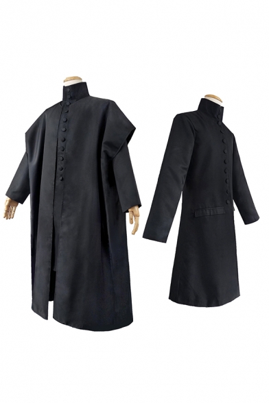 Cool Womens Long Sleeve Stand Collar Fabric Button down Long Oversize Coat in Black