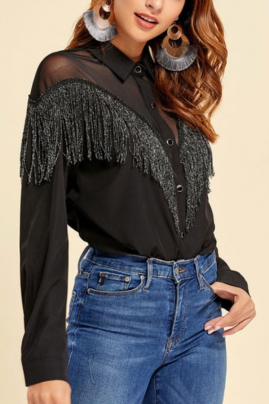 

Cool Womens Sheer Mesh Patched Long Sleeve Turn down Collar Fringe Button down Relaxed Shirt Top in Black, LM654076