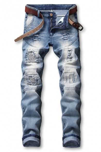 Dressy Mens Stacked Ripped Medium Wash Pocket Zipper Mid Rise Full Length Slim Fitted Jeans