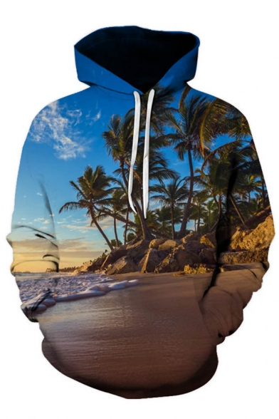 Fancy 3D Beach Tree Wave Bird Floral Printed Pocket Drawstring Long Sleeve Regular Fit Hooded Sweatshirt for Men