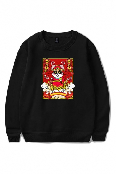 Fancy Mens Cartoon Mouse Lantern Cloud Pattern Chinese Letter Pullover Long Sleeve Round Neck Regular Fit Graphic Sweatshirt